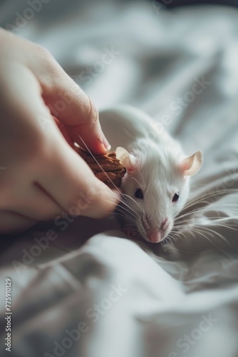 A white rat chewing on a piece of bread. Suitable for educational materials photo