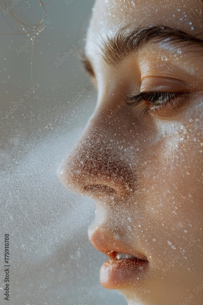 Close up of a person with snow on their face, suitable for winter-themed projects