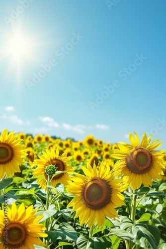 A sunflower field under a clear blue sky  offering a cheerful and bright summer landscape for joyful designs