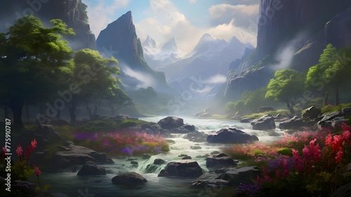 Panoramic view of mountain landscape with river and pink flowers.