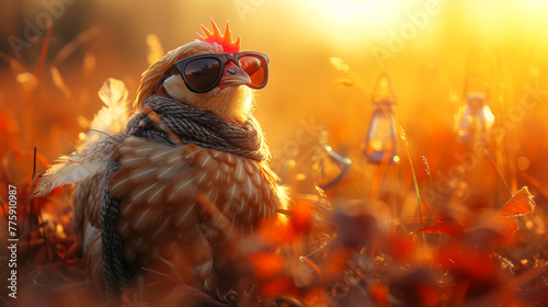 Chic chicken in a feathered cape, wearing oversized sunglasses, against a farmyard chic backdrop, lit with rustic lanterns, exuding countryside chic and charm