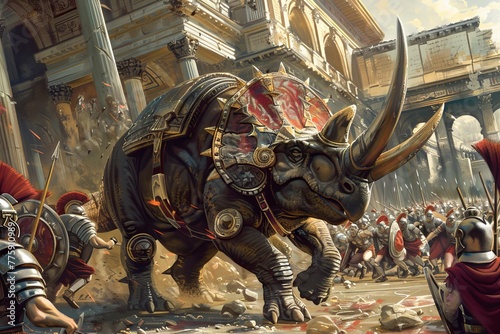 An armored Triceratops charging through a Roman legion, its horns glistening with the emblems of ancient warfare