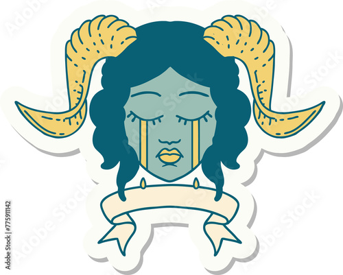 sticker of a crying tiefling character face with scroll banner photo