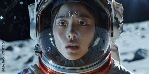 Close-up of a young Asian astronaut with detailed facial features, futuristic helmet, on a moon surface set, stars gleaming photo