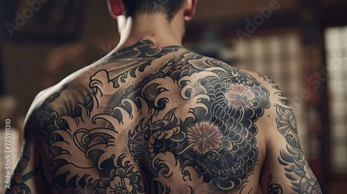 Close-up of a Yakuza member's tattooed back, intricate ink telling stories of loyalty and violence in hushed tones