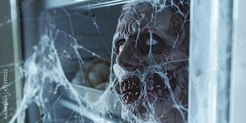 Close-up of a zombie's face peering into an empty, spider-webbed fridge, searching for food