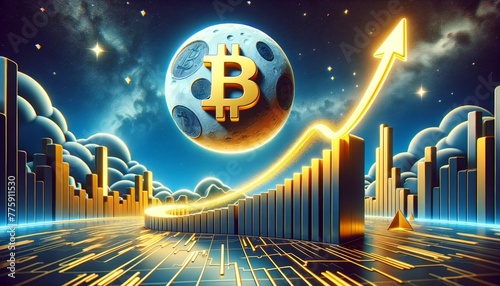 Bitcoin to the moon growth illustration. Crypto bull run