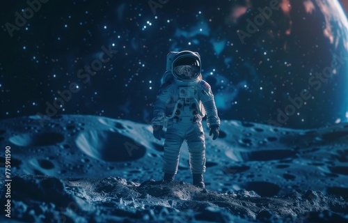 Little Asian boy in a spacesuit exploring craters on the moon, vibrant starry sky, cinematic quality, realistic space gear