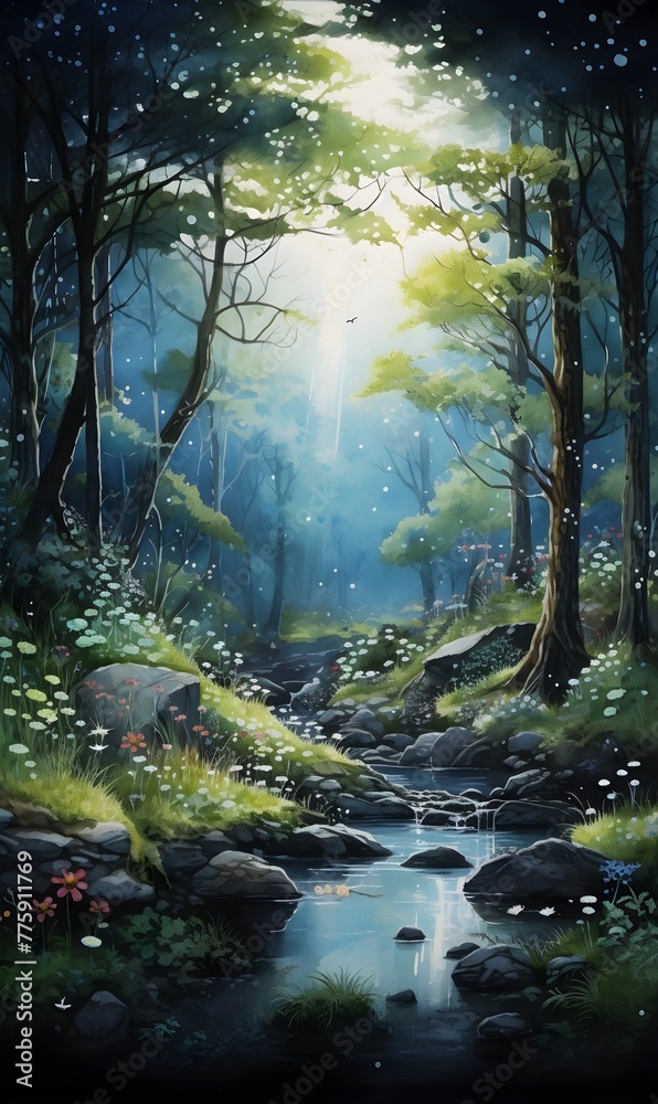 Fototapeta premium Detailed watercolor painting of a path in the forest with tall trees, a lake and mushrooms, sunlight, green foliage, nature invitation card, wallpaper, banner 