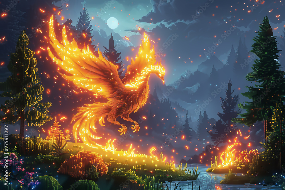 Pixel art phoenix rebirth amidst flames in a mystical forest clearing