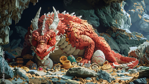 Pixel art of a dragon's egg, nestled among treasures in a cave, moments from hatching © NEW