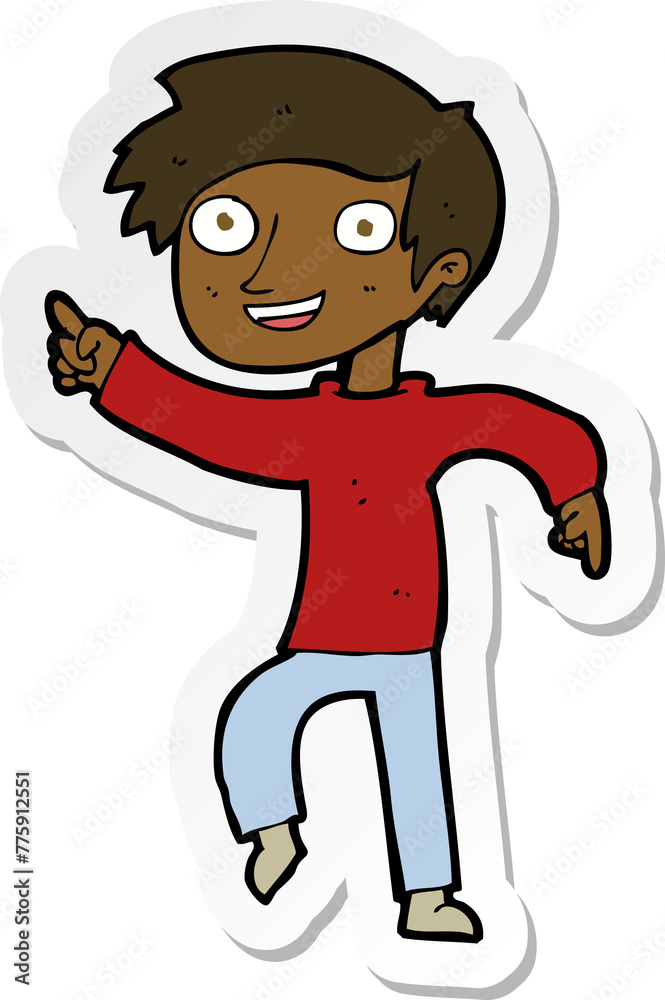 sticker of a cartoon happy boy pointing sticker of a cartoon happy boy pointing