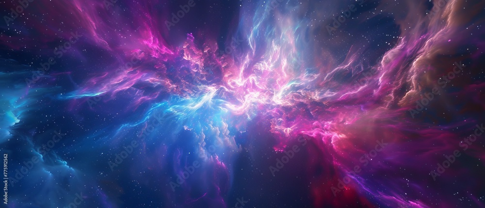 A cosmic holographic backdrop, with swirling nebula-like liquids in deep space hues, giving a sense of otherworldly beauty.