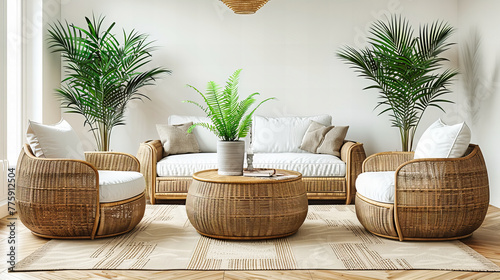 Modern Living Room with Wooden Furniture and Green Plant Accents, Stylish and Comfortable Interior