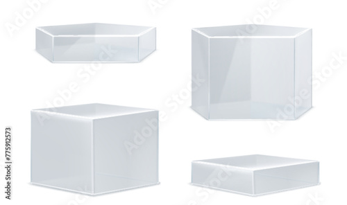 Glass transparent pentagon product podiums of different height. Realistic vector set of plexiglass or plastic geometric stands for goods display. Empty clear crystal or acrylic pillar platform mockup.