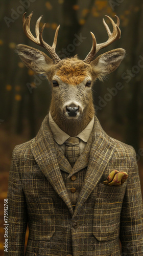 Dapper deer in a tweed suit, accessorized with a pocket square, against a woodland glen backdrop, lit with dappled sunlight, emanating rustic elegance and charm © Дмитрий Симаков