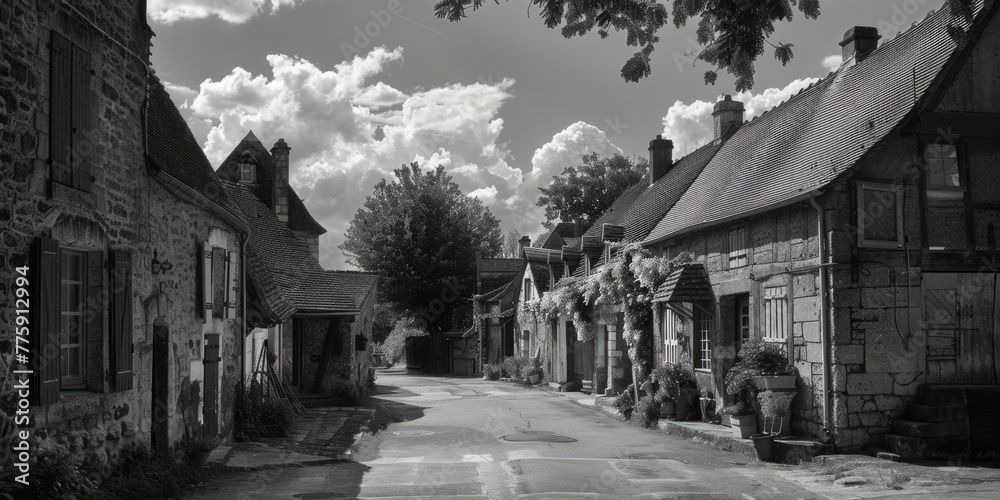 A black and white photo of a narrow street. Suitable for urban themes A black and white photo of a narrow street. Suitable for urban themes