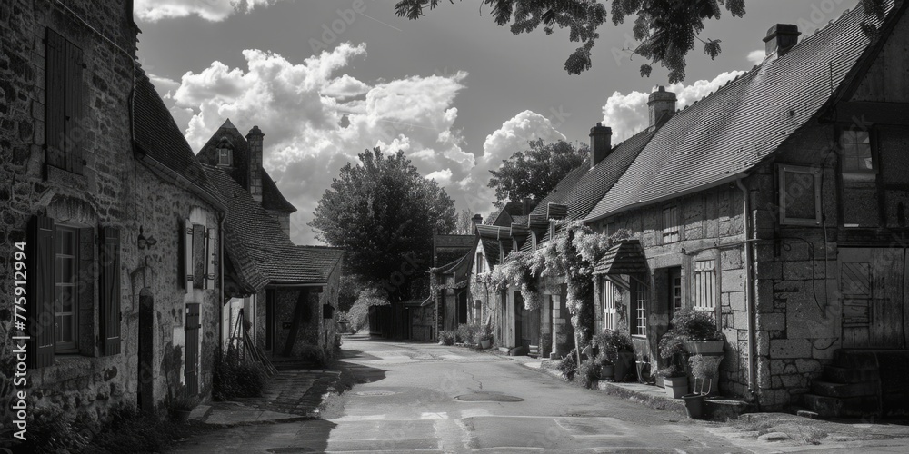 A black and white photo of a narrow street. Suitable for urban themes