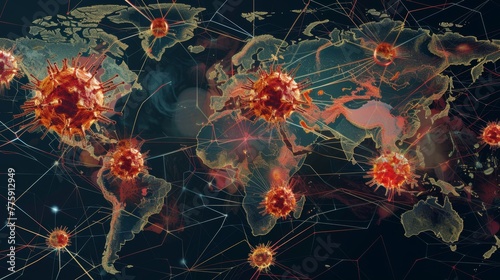 A global map tracking the spread of pandemics, highlighting affected areas and healthcare disparities. photo