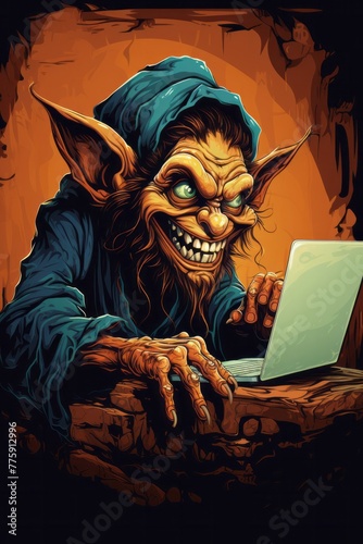A painting of a troll sitting at a laptop, typing and engaging with technology. The troll appears mischievous and focused on its screen, perhaps causing trouble or playing pranks online photo