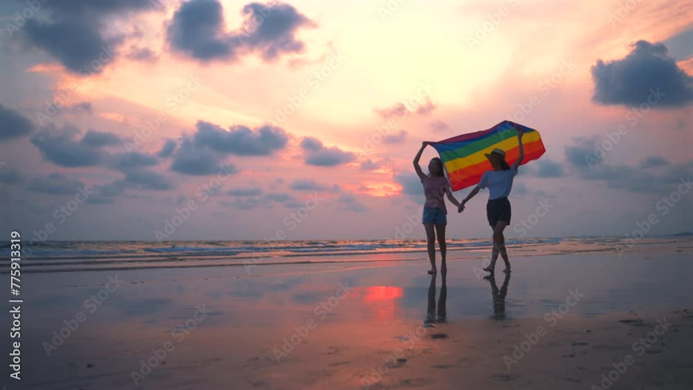 Happy lesbian couple walking and waving lgbt flag on sunset light in ...