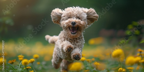 dog runs through the green grass with flowers. © KDdesignphoto
