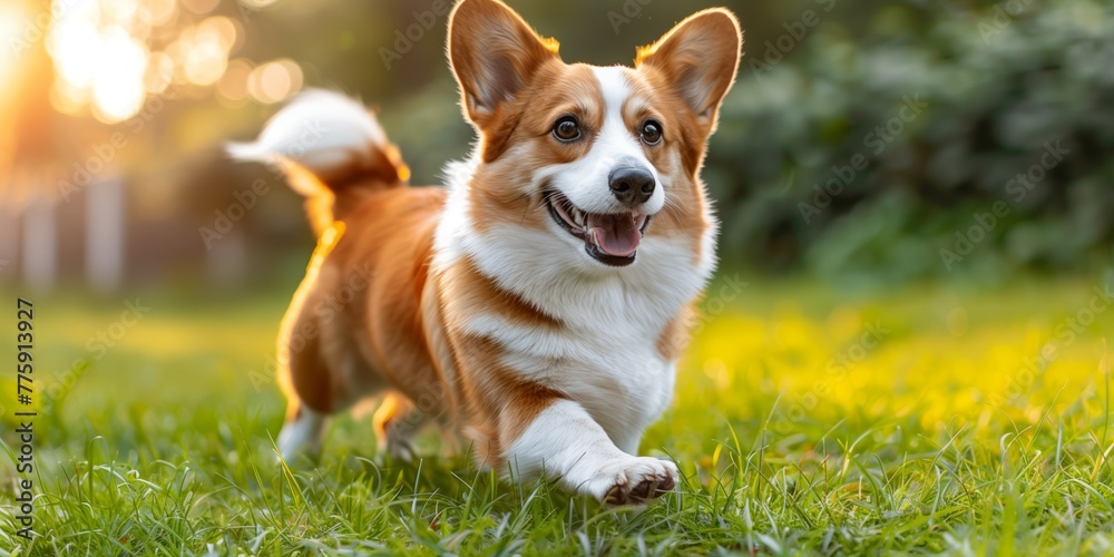 dog runs through the green grass with flowers. dog runs through the green grass with flowers.