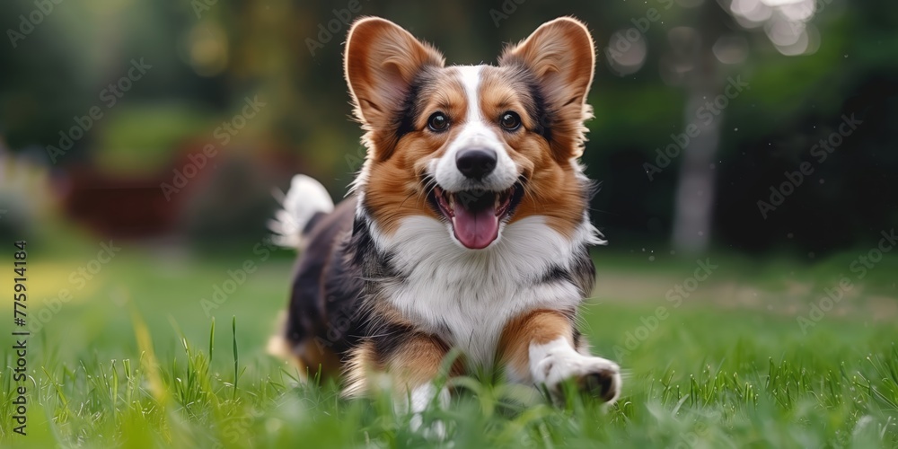 dog runs through the green grass with flowers. dog runs through the green grass with flowers.