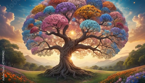 A whimsical tree with multicolored leaves shaped like brain lobes, set in a magical landscape, symbolizing imagination and growth