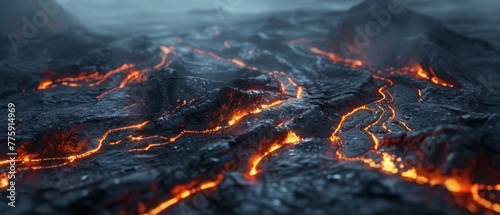 An abstract, dark landscape with flowing, liquid metal rivers and glowing volcanic vents, created with the realistic fluid dynamics of Octane Render.