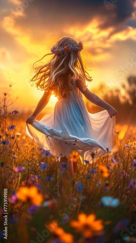 Boho bunny in a flowing maxi dress  sporting flower crown  amidst a wildflower meadow backdrop  lit with golden sunset  emanating whimsical charm and free-spirited style
