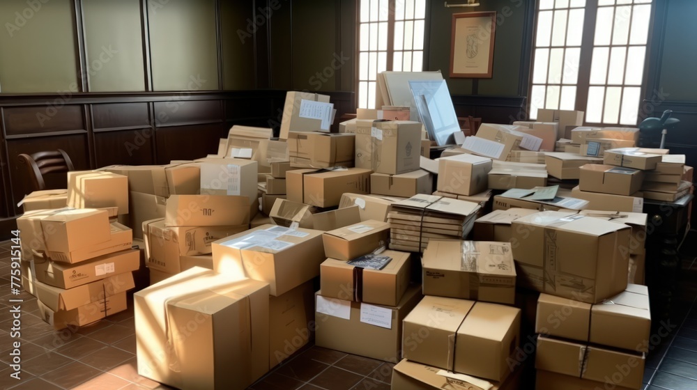 Parcels in cardboard boxes from online stores at the post office. Express delivery with modern accounting and distribution facilities. Optimization storage systems for efficient product accounting. Parcels in cardboard boxes from online stores at the post office. Express delivery with modern accounting and distribution facilities. Optimization storage systems for efficient product accounting.