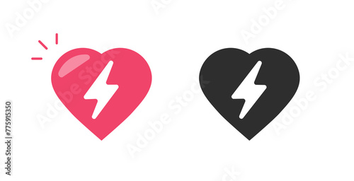 Heart with lightning bolt energy icon simple vector graphic pictogram, red black white electric thunder battery life symbol sign illustration set, super power love shock image, cardiac load caution