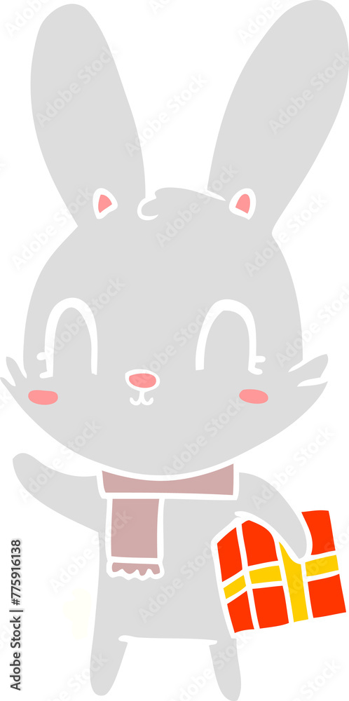 cute flat color style cartoon rabbit with christmas present cute flat color style cartoon rabbit with christmas present