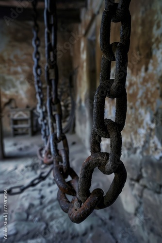 A chain hanging from the side of a building, suitable for construction or industrial concepts