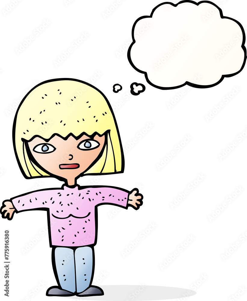 cartoon woman with open arms with thought bubble cartoon woman with open arms with thought bubble
