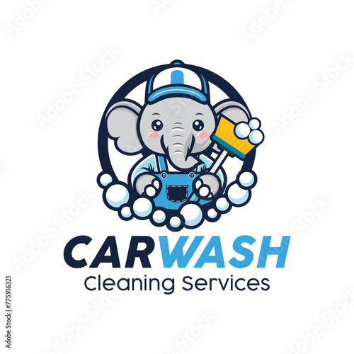 Car Wash Logo Design, Cleaning Services, Cute Elephant washing the car