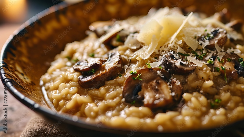 Savory Gourmet Mushroom Risotto with Cheese and Herbs, Presented in a Stylish Dark Bowl