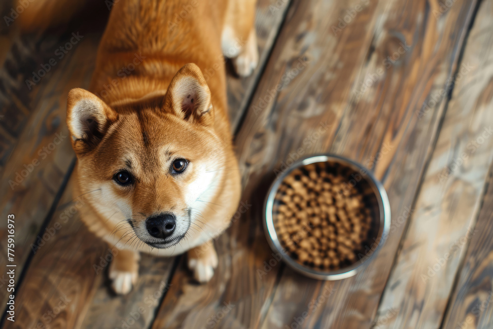Cute Shiba Inu dog looking up at the camera with a bowl full of pet dry kibble food on wooden floor background