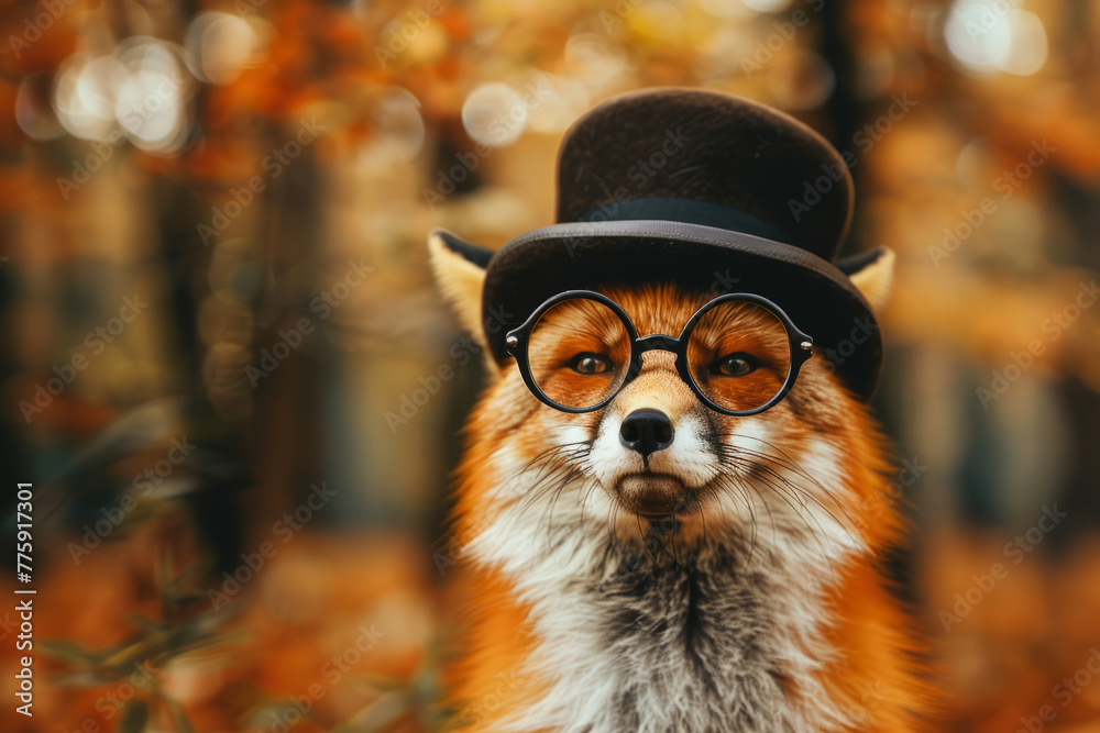 Fototapeta premium Dapper fox gentleman wearing vintage glasses and bowler hat on autumn forest outdoor background