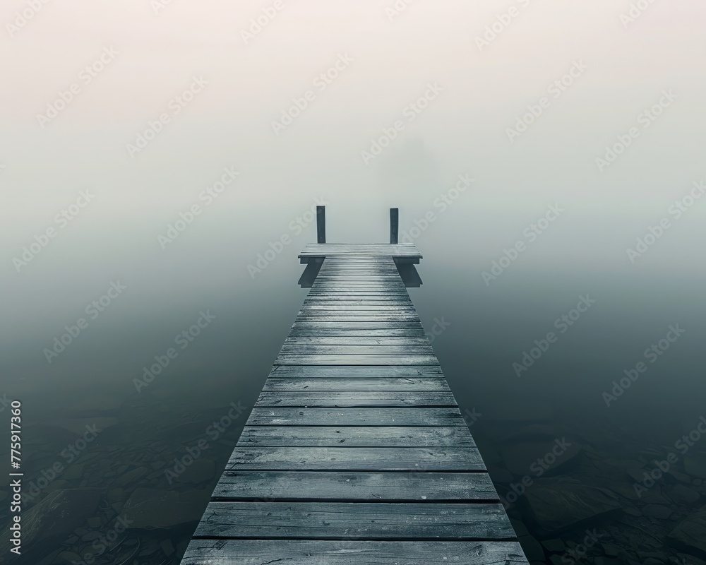 A small, rustic pier jutting into a fogcovered lake at dawn, the calm water mirroring the soft hues of the morning sky ,soft shadowns, no contrast, clean sharp,clean sharp focus, digital photography