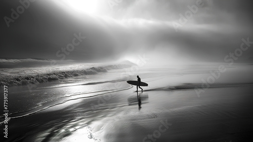 Fineart of A surfer in the distance walking out of the sea with a surfboard, ocean waves, black and white photography