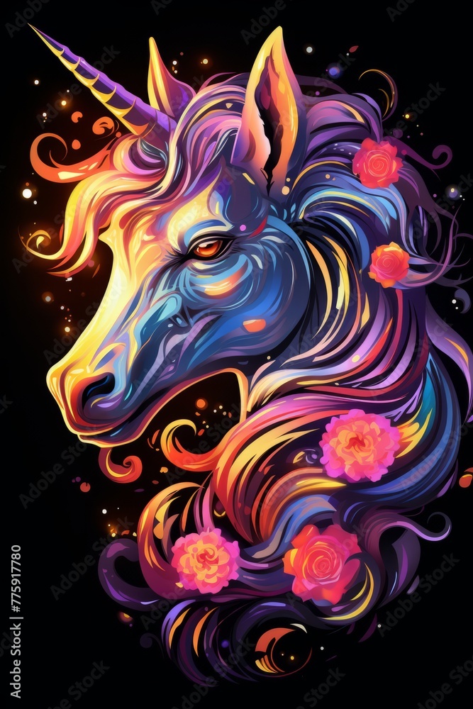 A regal unicorn with a shimmering horn adorned with colorful flowers on its head. The unicorn stands out with its vibrant and whimsical appearance A regal unicorn with a shimmering horn adorned with colorful flowers on its head. The unicorn stands out with its vibrant and whimsical appearance