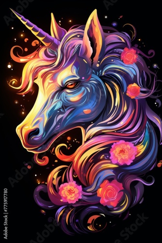 A regal unicorn with a shimmering horn adorned with colorful flowers on its head. The unicorn stands out with its vibrant and whimsical appearance