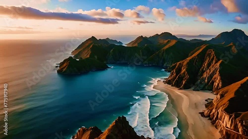 Aerial drone shot of a majestic sea  range in the style of cinematic video, shallow depth of field, subject in focus, dynamic movement photo