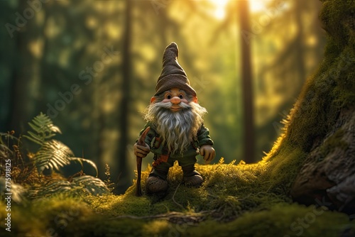 Gnome - guardian of the forest. He looks at the camera and smiling. The fairy-tale character is encountered only by the most daring and responsible visitors to the forest.
