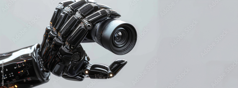 A robot arm holding a camera. The robot arm is holding the camera . Concept of technology and innovation. 3d rendering black robot hand with camera or robotic camera A robot arm holding a camera. The robot arm is holding the camera . Concept of technology and innovation. 3d rendering black robot hand with camera or robotic camera