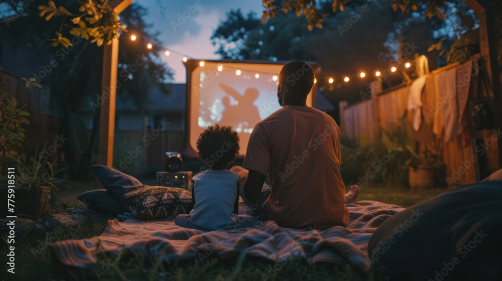 A heartwarming photo capturing a father and son enjoying a bonding moment during an outdoor backyard movie night