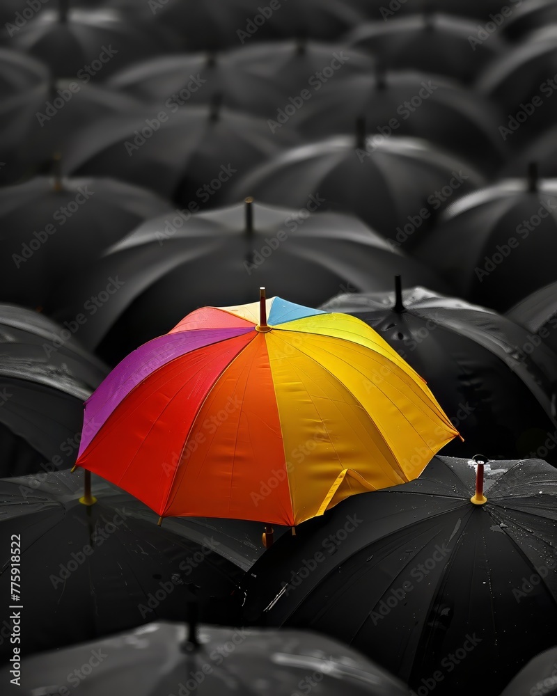 Lone colorful umbrella in a sea of black ones, bright day, wide angle, standing out, vibrant difference, Hyper realistic