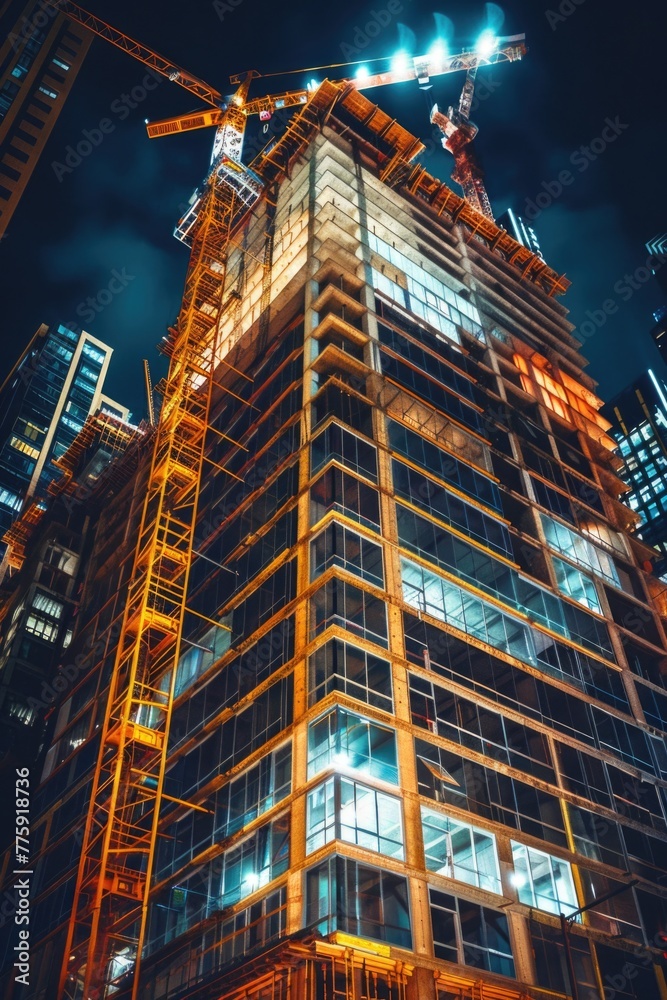 A majestic skyscraper shining brightly in the dark, perfect for urban cityscape concepts